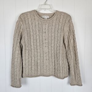Vtg Cable Knit Sweater Womens Beige Rolled Hem Textured Fisherman Cabin XL Silk
